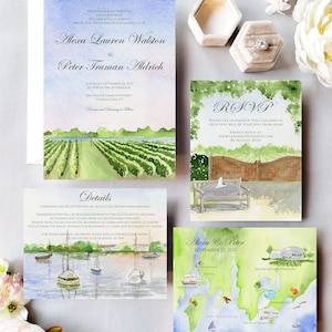 Stonington, CT Hochzeitseinladungen | Salzwasser Farm Weinberg | Die Alexa-Kollektion | Benutzerdefinierte Hochzeit | Aquarell Hochzeit lädt ein