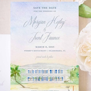 May include: Watercolor save-the-date card for a wedding. The card features the names Morgan Hefley and Trent Faunce, the date March 8, 2025, and the location Pierre's Restaurant, Islamorada, FL. The card has a watercolor illustration of a building on a beach.