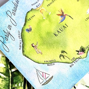 Conjunto de invitaciones de boda de Kauai, Hawái. Invitaciones de acuarela de destino personalizables, incluido el escudo de boda tropical. imagen 7