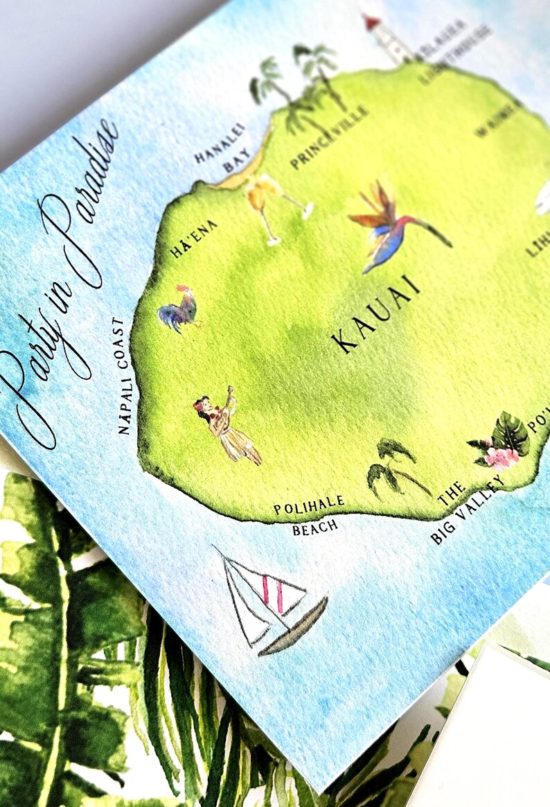 Conjunto de invitaciones de boda de Kauai, Hawái. Invitaciones de acuarela de destino personalizables, incluido el escudo de boda tropical. imagen 7