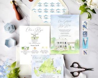 Martha's Vineyard Wedding Invitations | Old Whaling Church | The Clara Collection | Watercolor invitations | Dr Daniel Fisher House