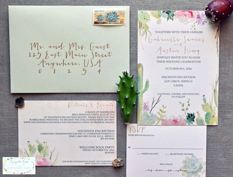 Destination Wedding Invitation,Desert Wedding Watercolor Nevada Wedding Invitation Cactus Flowers,Printed Invitation,Wedding Set,Envelopes