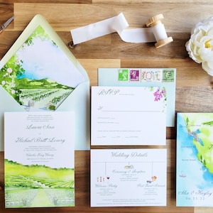 Napa Valley Hochzeitseinladungen | Charles Krug Weingut | Die Laura-Kollektion | Weingut Hochzeitseinladungen | Handgemaltes Aquarell einladen
