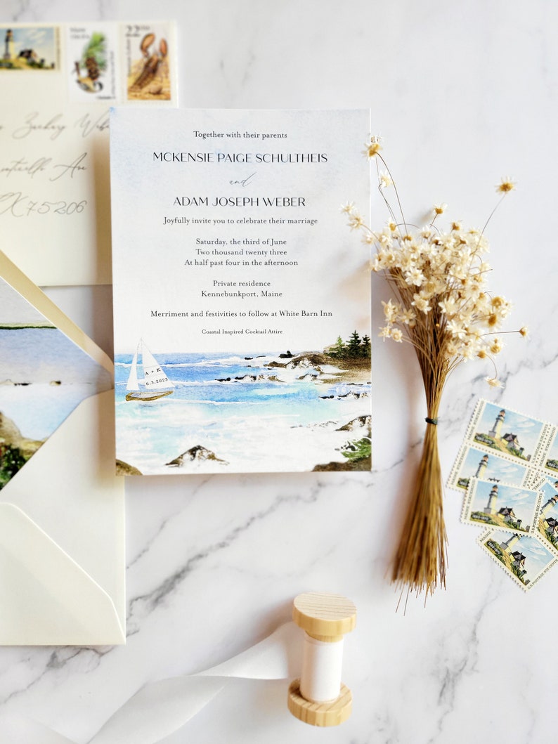 Maine Wedding Invitations Coastal Wedding Invitation Set Custom watercolor wedding invitations White Barn Inn Wedding image 3