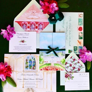 The Greenbrier Resort-huwelijksuitnodigingen | De Samantha-collectie | Aquarel trouwkaarten | op maat gemaakt trouwpapier | Trouwkaart