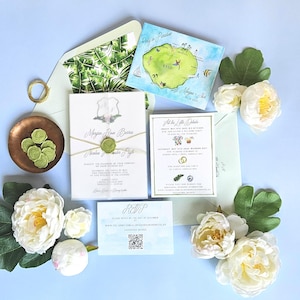 Conjunto de invitaciones de boda de Kauai, Hawái. Invitaciones de acuarela de destino personalizables, incluido el escudo de boda tropical. imagen 1