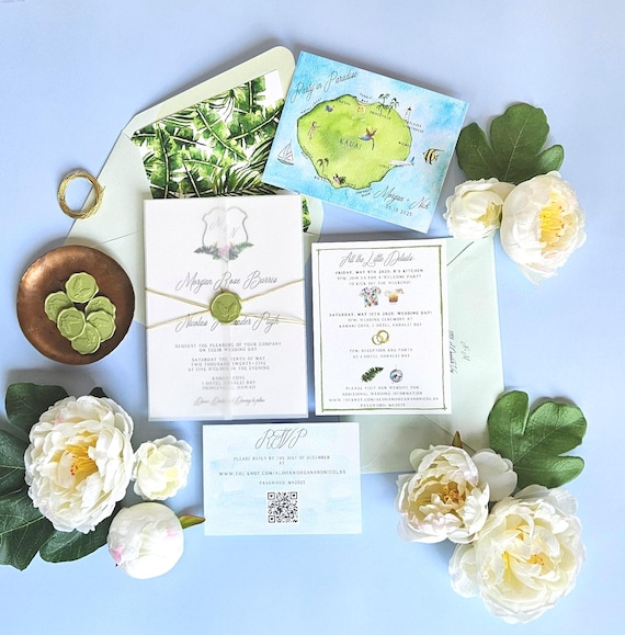Kauai Hawaii Wedding Invitation Set, Destination Watercolor Invites that are customizable including the tropical wedding crest