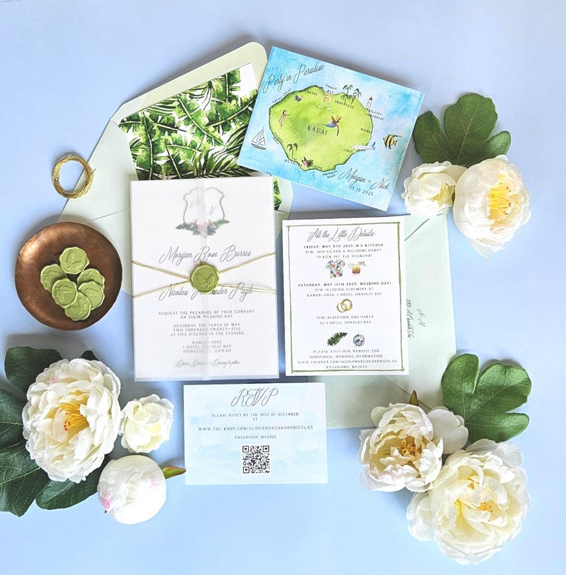 Conjunto de invitaciones de boda de Kauai, Hawái. Invitaciones de acuarela de destino personalizables, incluido el escudo de boda tropical. imagen 1
