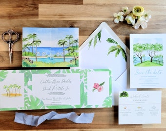 Invitaciones de boda hawaianas en acuarela / Diseño de palmeras tropicales