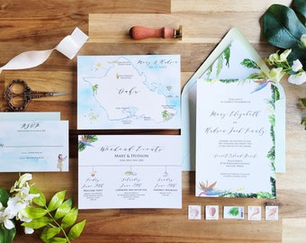 Invitaciones de boda hawaianas con acuarela Kualoa Ranch, papelería de isla tropical, invitaciones de boda de Oahu, totalmente personalizables.