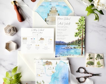 Lake Tahoe Wedding Invitations | The Marina Collection | North Shore Lake Tahoe Wedding Invitations | Custom Watercolor Wedding Invites