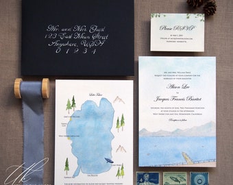 Lake Tahoe Wedding Invitations | West Shore Cafe and Inn | The Allison Collection | Wedding Map of Tahoe | Custom wedding invites