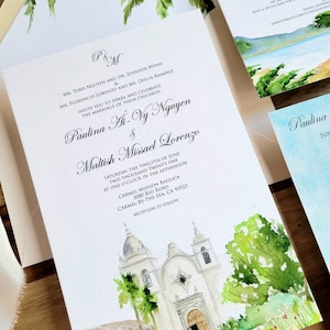 Carmel Hochzeit Einladungen | Carmel Mission Basiliken | Die Paulina-Kollektion | Landkarte Carmel Kalifornien | Personalisierte Hochzeitseinladungen