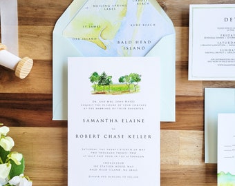 Bald Head Island Wedding Invitations - North Carolina wedding invitation set - Watercolor Wedding Invite - Shoals Club Wedding