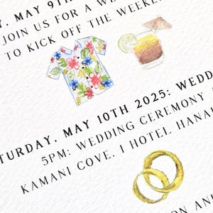 Conjunto de invitaciones de boda de Kauai, Hawái. Invitaciones de acuarela de destino personalizables, incluido el escudo de boda tropical. imagen 8