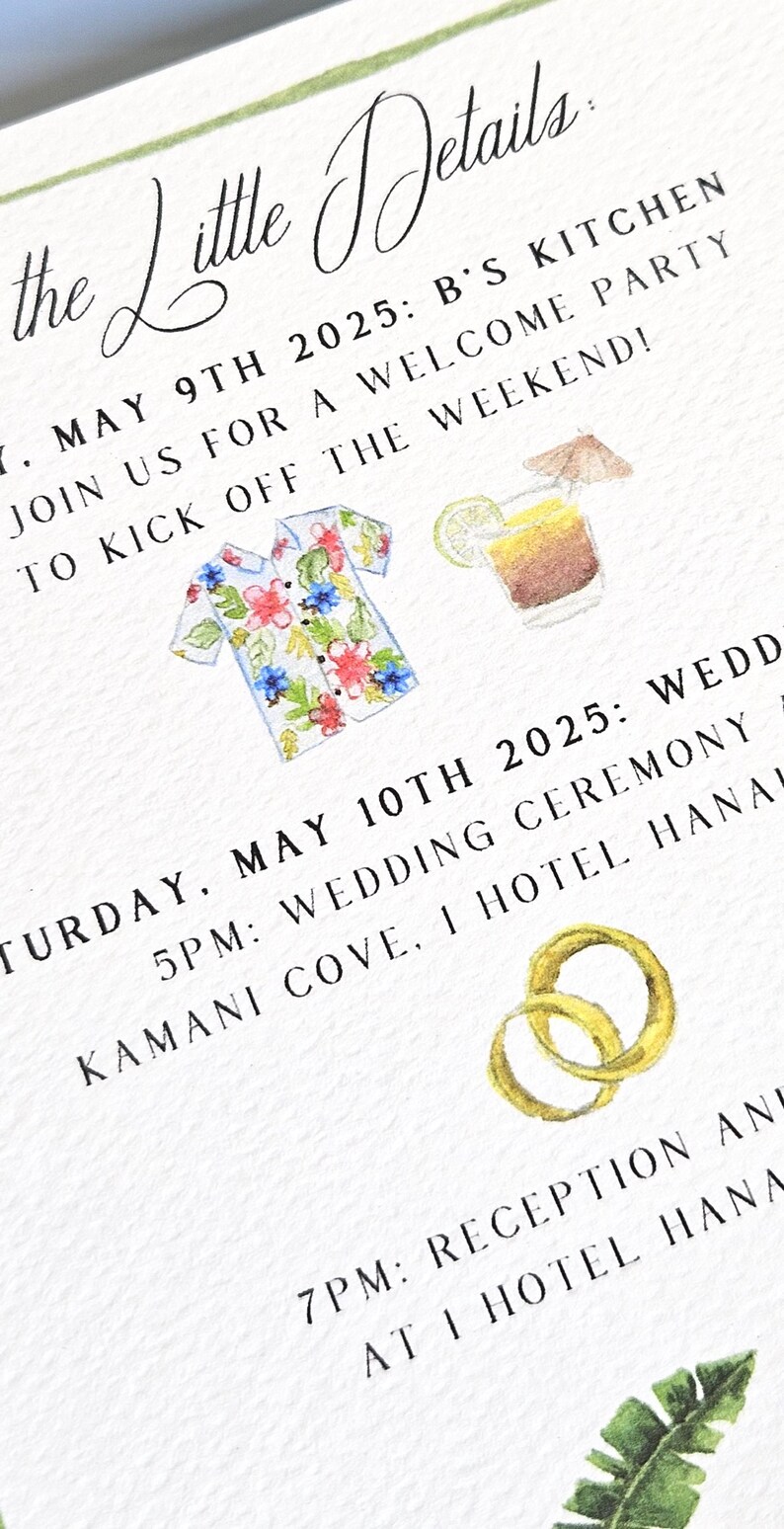 Conjunto de invitaciones de boda de Kauai, Hawái. Invitaciones de acuarela de destino personalizables, incluido el escudo de boda tropical. imagen 8