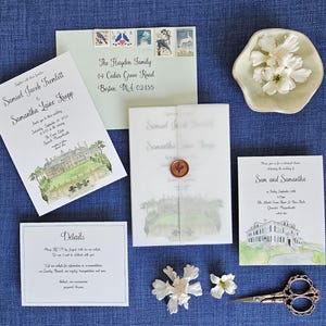Die Kranich Zustand Massachusetts Hochzeitseinladungen | Schlossberg auf dem Kranichgut | Die Samantha-Kollektion | Aquarell Hochzeit lädt ein