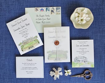 May include: A wedding stationery suite featuring white paper cards with watercolor illustrations of a building, a translucent vellum wrap with a copper wax seal, a pale green envelope with postage stamps, a small white ceramic dish with flowers, and metal scissors.