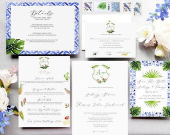 Tulum Mexico Custom Wedding Invitations | Watercolor wedding invitations Yucatán Peninsula | Hand Painted wedding save the date invitations