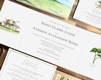 Carmel Wedding Invitations | Mission Ranch | The Emily Collection | Folded wedding invitations | Trifold wedding invite | Carmel Valley Map