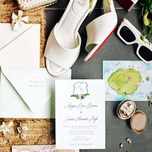 Conjunto de invitaciones de boda de Kauai, Hawái. Invitaciones de acuarela de destino personalizables, incluido el escudo de boda tropical. imagen 4