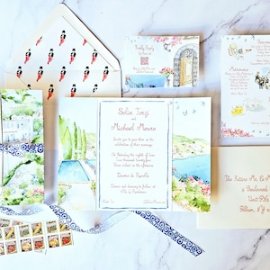 Amalfi Coast Watercolor Wedding Invitations | Villa La Rondinaia | Custom Wedding Invitations | Custom Save the Dates Watercolor | Gatefold