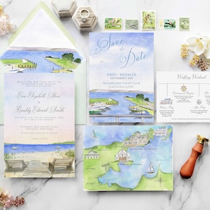 Peconic Bay Yacht Club Hochzeitseinladungen | Aquarell Hochzeit lädt ein | Benutzerdefinierte Hochzeitssuiten | Claudio's Hochzeit North Fork | Kundenspezifische Karte