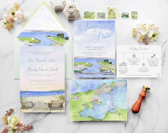 Peconic Bay Yacht Club wedding invitations | Watercolor wedding invites | Custom wedding suite | Claudio's Wedding North Fork | Custom map