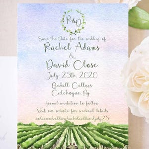 May include: Watercolor wedding invitation with text "Save the Date for the wedding of Rachel Adams & David Close July 25th, 2020". Features a vineyard illustration and floral accents. Includes website details.