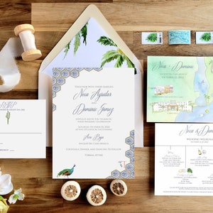 Invitación de boda en Acre Baja / Cabo Azul / Colección Neca / Invitaciones de boda pintadas a mano / Suite nupcial a medida / Mapa de bodas en Cabo