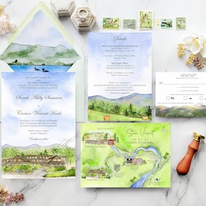 Stowe Vermont-huwelijksuitnodigingen | Bruiloft Trapp Family Lodge | Gepersonaliseerde huwelijksuitnodigingen | Aquarel trouwkaarten | Aangepaste kaart