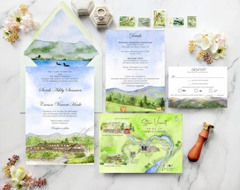 Stowe Vermont wedding invitations | Trapp Family Lodge wedding | Custom wedding invitations | Watercolor wedding invites | Custom Map