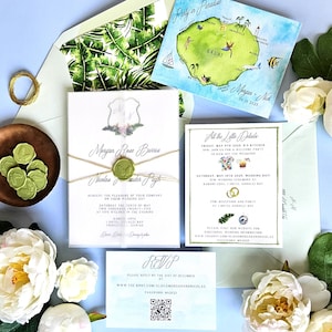 Conjunto de invitaciones de boda de Kauai, Hawái. Invitaciones de acuarela de destino personalizables, incluido el escudo de boda tropical. imagen 5