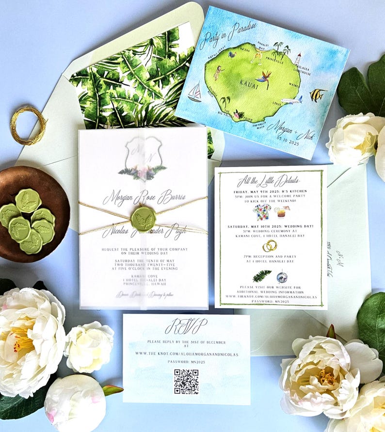 Conjunto de invitaciones de boda de Kauai, Hawái. Invitaciones de acuarela de destino personalizables, incluido el escudo de boda tropical. imagen 5