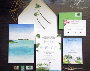 Custom Wedding Invitations - Ocean Reef Club Wedding Invite - Key Largo Wedding - Oceanfront wedding suite - Palm Invitation