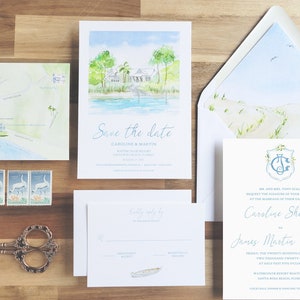 Inviti per matrimonio a Lakehouse, Florida, con acquerello / Santa Rosa Beach Boathouse / The Caroline Collection / Mappa del matrimonio / Dipintura della location
