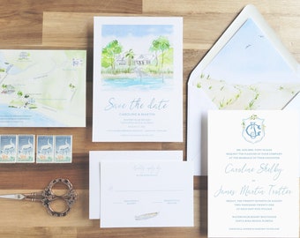 Watercolor Lakehouse Florida Wedding Invitations | Santa Rosa Beach Boathouse | The Caroline Collection | Wedding Map | Venue painting