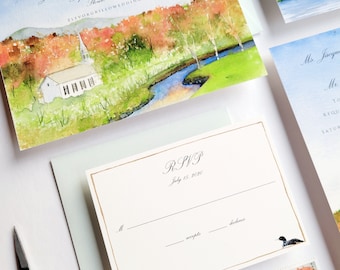 Stowe Mountain Resort Wedding Invitations - Fall Wedding Vermont - Custom watercolor wedding VT - Custom wedding venue painting