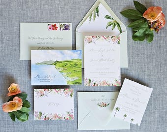 Invitaciones de boda en acuarela de Oahu, Hawái, Ko Olina Four Seasons Resort
