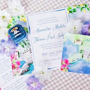 Amalfi Italy Wedding Invitations | Watercolor wedding invitations | Folded invitation Amalfi Coast | Hotel Santa Caterina | Custom wedding