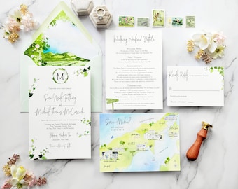 North Fork Wedding invitations | Jedediah Hawkins Inn | The Sara Collection | watercolor wedding map | Hand painted invitation set | Custom