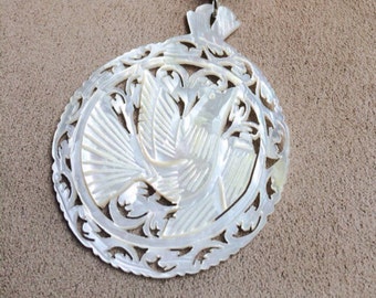 Vintage Hand Carved Mother of Pearl Dove Pendant from Bethlehem.