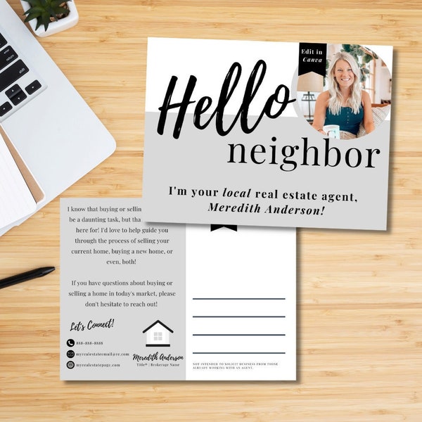 Hello Neighbor Marketing Postkarte für Grundbesitz | Makramee Sendungen | Makler Marketing | Bearbeitbare Canva-Vorlagen