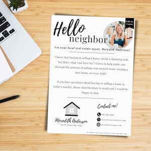 Carta de marketing "Hola al vecino", favorita de los clientes*, para agentes y prestamistas / Marketing inmobiliario / Plantillas inmobiliarias editables de Canva