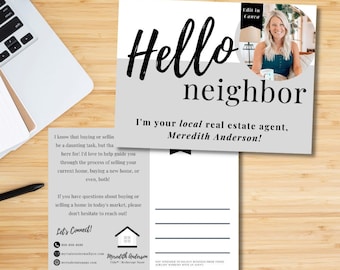 Hallo Nachbar grundbesitz Postkarte Vorlage | Bearbeitbare Canva Marketing-Postkarte für Makler