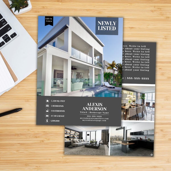 Newly Listed Luxury Listing Flyer Two-Sided Real Estate Marketing and Advertising, Editable Templates