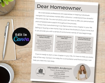 Carta de prospección inmobiliaria para divorciados / Carta de marketing para clientes divorciados / Plantillas de Canva para bienes raíces