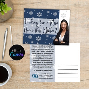 Winter-Immobilienmakler-Postkarte Postkarte | Kaufmannsladen Postkarte für Makler Winter & Schnee | Bearbeitbare Canva Marketing Vorlage