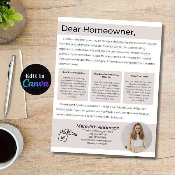 Foreclosure Prospecting Letter for Real Estate Agents | Editable Foreclosure Letter Template | Canva Templates for Real Estate Agents