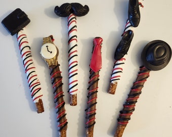 Chocolate Covered Pretzel rods for dad(12) mustache shoes hat tie wallet watch